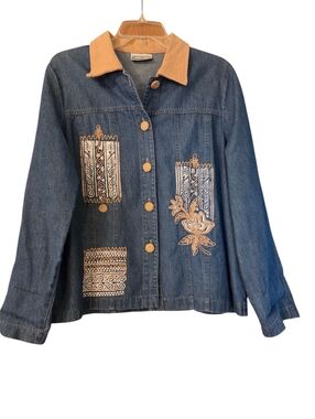 VTG Saint Germain Beige White Embrodiered Details Denim Jacket Size Large